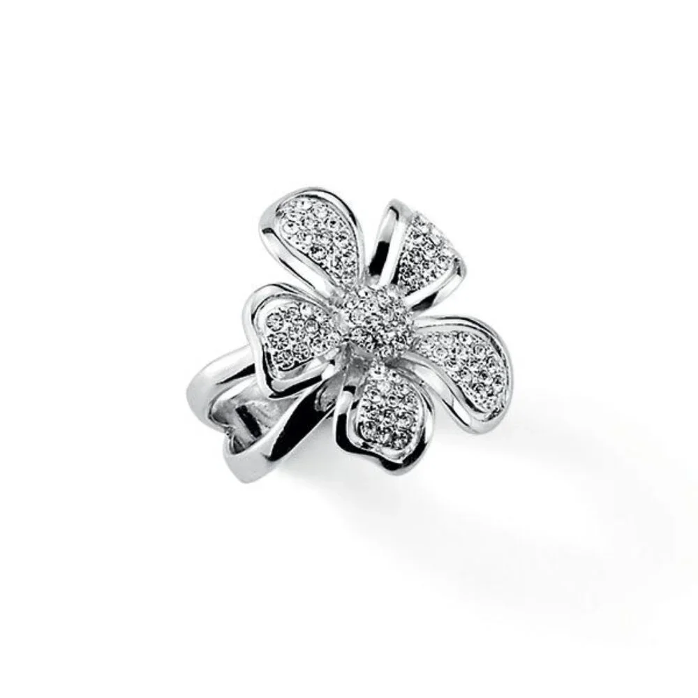 New Lia Sophia Ring Wild Rose Silver Crystal Flower Glam Bling Size 8